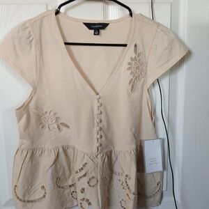 Calliope Cream Embroidered Peplum Button-Front Blouse